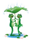 Two cartoon frog hiding under a leaf from the rain Royalty Free Stock Photo