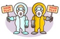 Two cartoon funny Epidemiologists or biologists characters in yellow and blue coverall with a signboard. Restriction area sign.