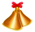 Two cartoon golden bells with red bow isolated on white background. Digital illustration