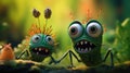 Two cartoon green bugs with big eyes and teeth, AI Royalty Free Stock Photo