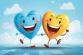 Two cartoon hearts with cheerful faces, valentine's day concept Royalty Free Stock Photo