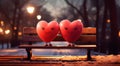 Two cartoon hearts seated together on wooden bench in winter urban park in evening time Royalty Free Stock Photo