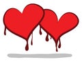 Two cartoon hearts shedding blood/Valentines` symbol vector or color illustration Royalty Free Stock Photo
