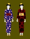 Two cartoon japanese women in yukata