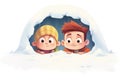 two cartoon kids peeking out from behind a large snowdrift