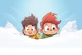 two cartoon kids peeking out from behind a large snowdrift