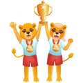 Boy and girl lions in sport uniform are rising high the gold goblet