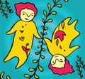 Two cartoon little babies hold hands each other with some fairy plants