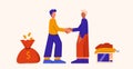 Two cartoon man making sale deal shaking hand changing money to things vector flat illustration Royalty Free Stock Photo