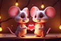 Two cartoon mice expressing their love, accompanied by a heart, in celebration of Valentines Day