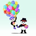 Two cartoon panda bear with birthday balloons and gifts. Birthday background.