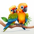 two cartoon parrots sitting on a branch