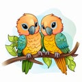 two cartoon parrots sitting on a branch