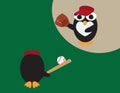 Two Cartoon Penguins Playing Baseball with Red Visors, Baseball Glove, Bat and Ball Royalty Free Stock Photo