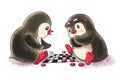 Two cartoon penguins are playing and checkers