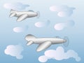 Two cartoon planes fly in the sky among the light clouds