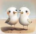 Two cartoon seagull chicks standing on the sand, isolated on white background. Watercolor illustration. Generative AI Royalty Free Stock Photo