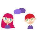 Two cartoon style kids, comics speak bubbles with empty space for text. Girl and boy talking, asking and answering questions, advi Royalty Free Stock Photo