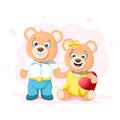 Two cartoon teddy bears in love. Teddy bear boy holds by the paw a bear girl. Teddy bear girl holding a heart Royalty Free Stock Photo