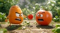 Two cartoon vegetables are fighting each other in the dirt, AI Royalty Free Stock Photo