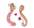 Two cartoon worms in love.