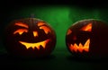 Two carved faces of pumpkins glowing on Halloween on green background Royalty Free Stock Photo