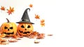 Two carved Halloween pumpkins wear a witch hat amidst scattered autumn leaves, creating a vibrant and seasonal decoration