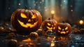 Two Carved Pumpkins Glowing With Faces of Pagan Occultism Let Da Royalty Free Stock Photo