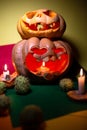 two carved pumpkins for halloween with candles Royalty Free Stock Photo