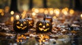 Two carved pumpkins sitting on a leaf covered ground. Generative AI image. Royalty Free Stock Photo