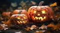 Two carved pumpkins sitting on top of a pile of leaves, AI Royalty Free Stock Photo
