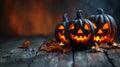 Two Carved Pumpkins on Wooden Table Royalty Free Stock Photo