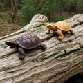 Two carved turtles on an old log in the forest. Royalty Free Stock Photo