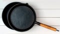 The two cast iron frying pans over the background of whiteboards