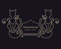 Two Cat. Drawn Engraving. Linear Emblem. Monogram Template for Cards, Invitations, Book Design, Restaurant Menu, Educational Royalty Free Stock Photo