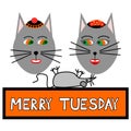 Two cat faces with caps smiling, looking at the lying mouse, with inscription merry tuesday
