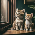 Two Cat Kittens Gazing Out Window Perched on Window Sill