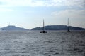 Two catamarans in backlight in the sea of the Gulf of Marseille, France Royalty Free Stock Photo