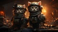 Two cats in aviator\'s helmet sitting on an abandoned building.