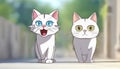 Two cats with blue eyes and green eyes walking down a street