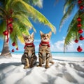 Two cats celebraiting on the tropical palm beach with Christmas decoration. Christmas card concept Royalty Free Stock Photo