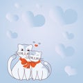 Two cats cuddling tied together with bow and hearts in the background display love and harmony among lovers. Heart Royalty Free Stock Photo