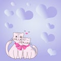 Two cats cuddling tied together with bow and hearts in the background display love and harmony among lovers. Heart Royalty Free Stock Photo