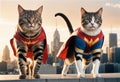 two cats dressed as super heroes stand on a ledge Royalty Free Stock Photo