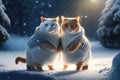 Two cats dressed in sweaters standing in the snow. Generative AI Royalty Free Stock Photo