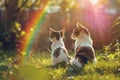 Two cats enjoy a sunlit garden with a rainbow overhead Royalty Free Stock Photo