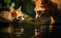 Two Cats Enjoying a Friendly Interaction in the Pond