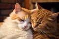 two cats grooming each other in a warm, comfortable setting