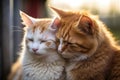 two cats grooming each other in a warm, comfortable setting