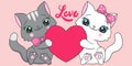 Two cats are holding a heart. Text Love. Vector